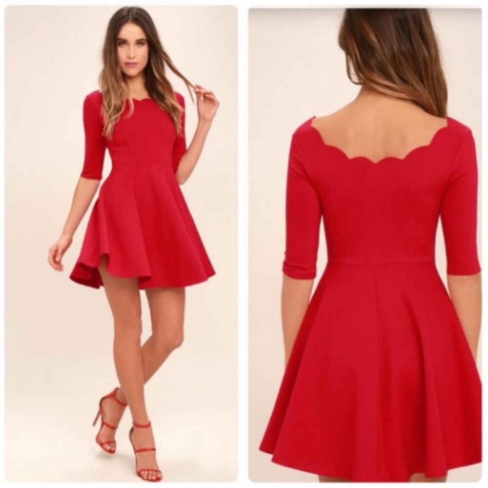 NEW Lulu's Ref Tip The Scallops Dress Scalloped Neck Fit & Flare Skater Sz L